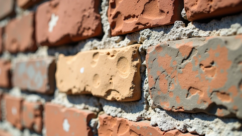 Bliska fotografia tekstury kamienia, cegły i zaprawy wapieniowej w średniowiecznym murze, różne kolory i struktury materiałów