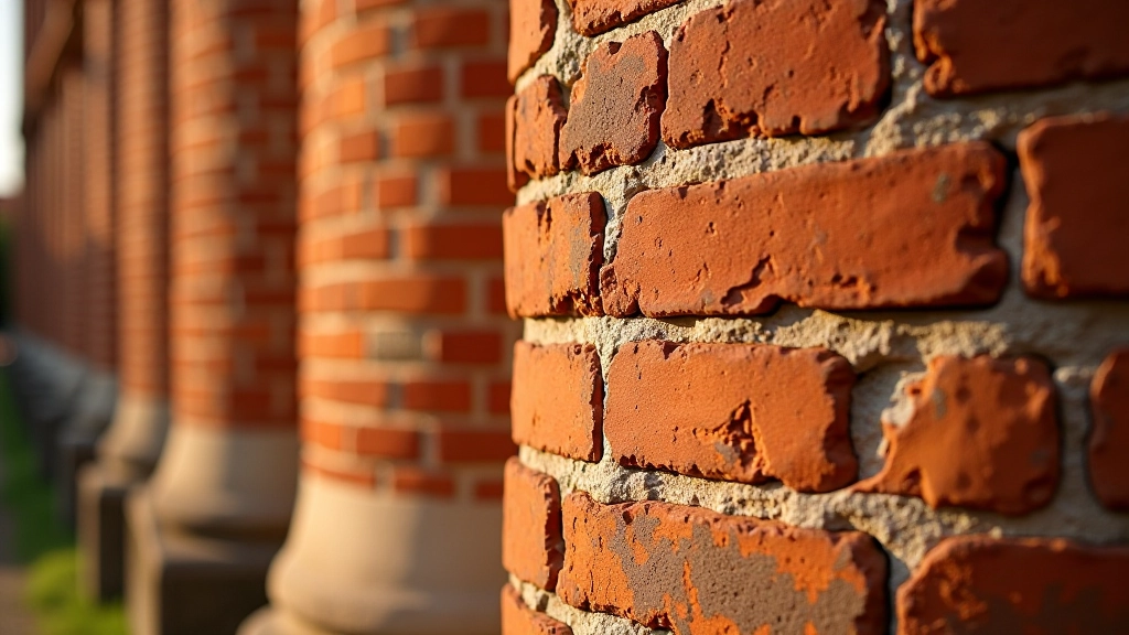 Zbliżenie na ceglane tekstury średniowiecznej baszty, stare mury, detale architektoniczne, naturalne oświetlenie