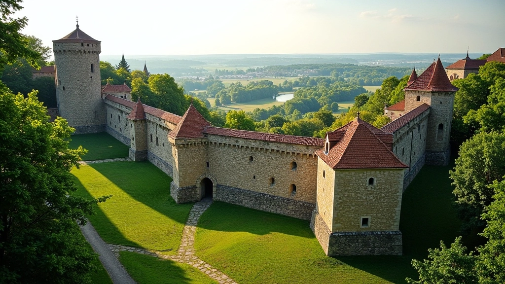 Widok na średniowieczne mury obronne Paczkowa z zielenią otoczenia