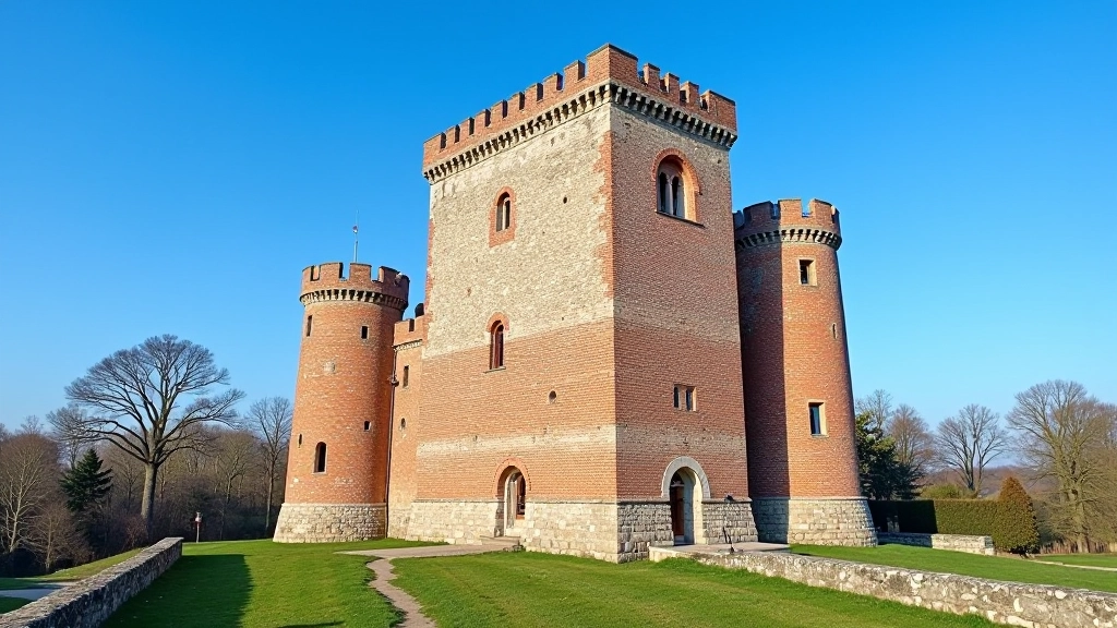 Historyczna baszta obronna z kamienia i cegły, pokazująca mieszaną technologię budowy średniowiecznej, niebo w tle