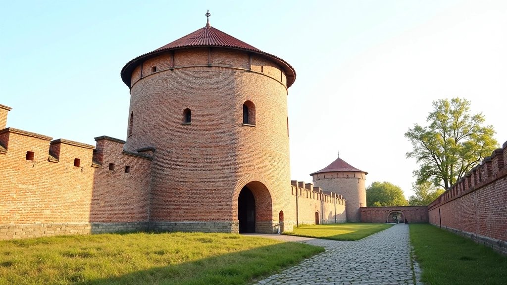 Średniowieczna baszta obronna z charakterystyczną architekturą i zwęzeniami dla łuczników