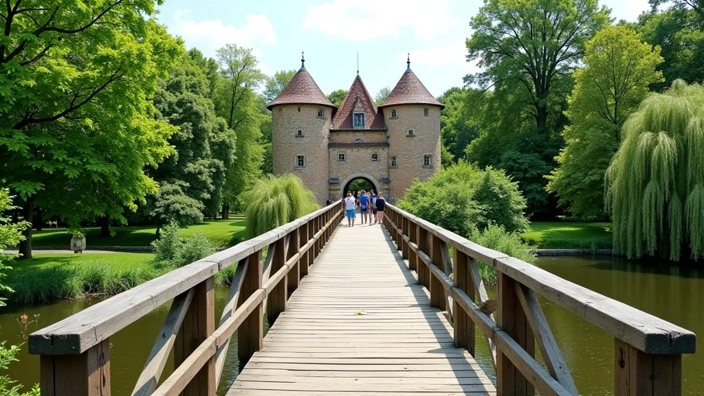 Drewniany most nad rzeką, otoczony zielenią i murami obronnymi w tle, ścieżka dla pieszych